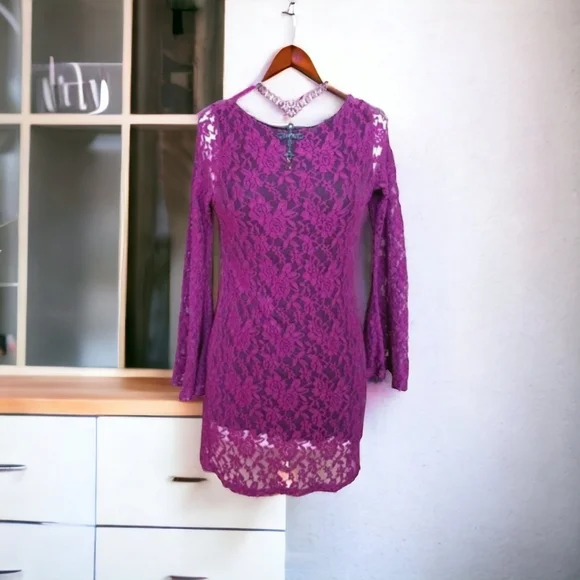 Elan Boho Bell Sleeve Scoop Back Lace Tunic Top Large - Picture 1 of 11